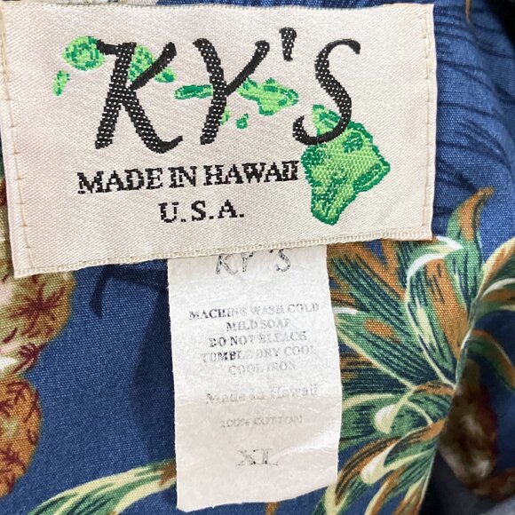 KY's Men's XL Blue Golden Pineapple Aloha Hawaiian Camp Shirt Made In Hawaii USA - Picture 3 of 3